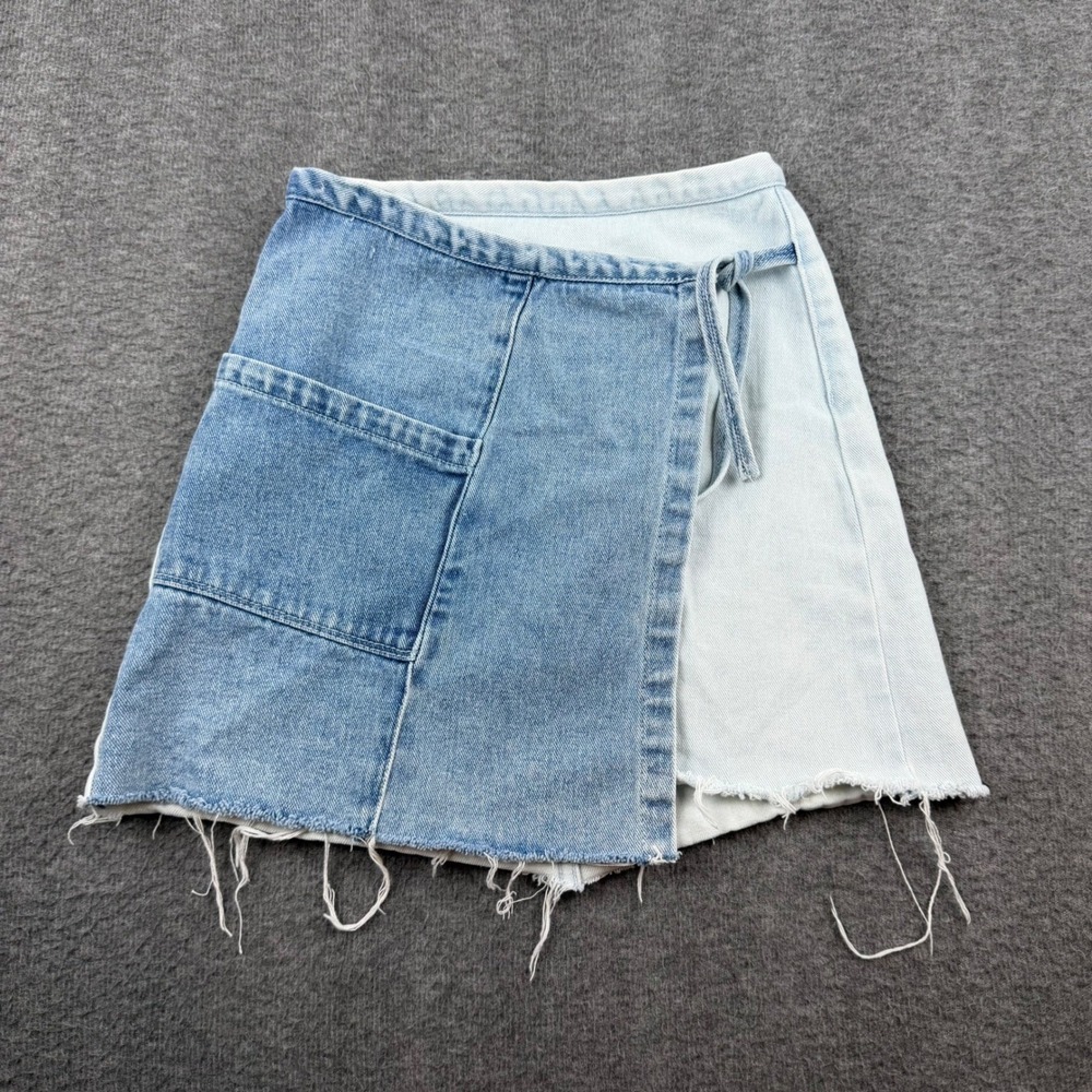 PacSun Denim Wrap Skirt Women's 24 Blue Two Tone Colorblock Mini Distressed Raw